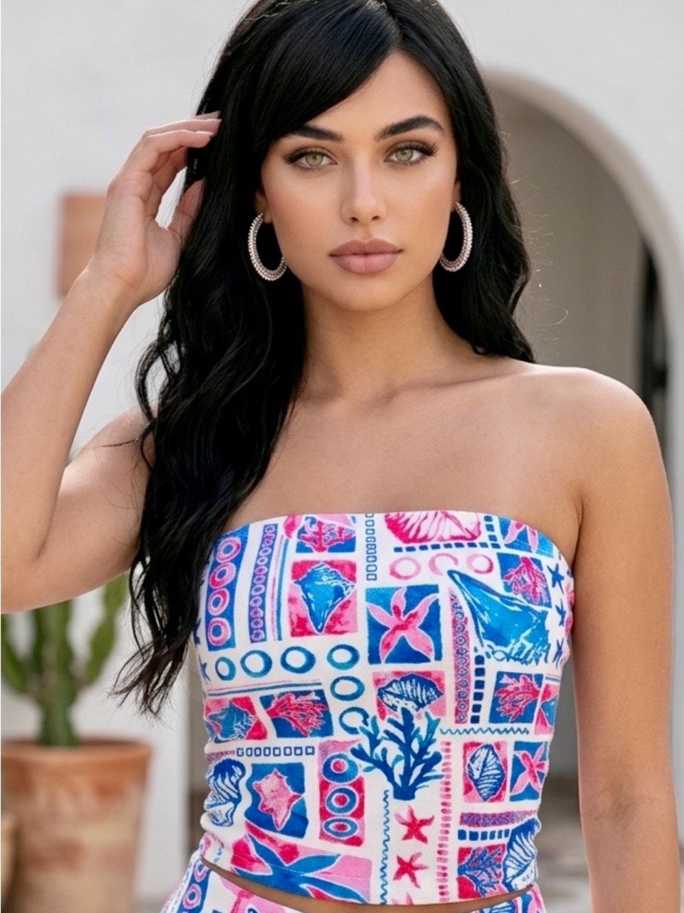 Soleia NWOT Strapless Crop/TubeTop w/Coastal Print in Pink & Blue M